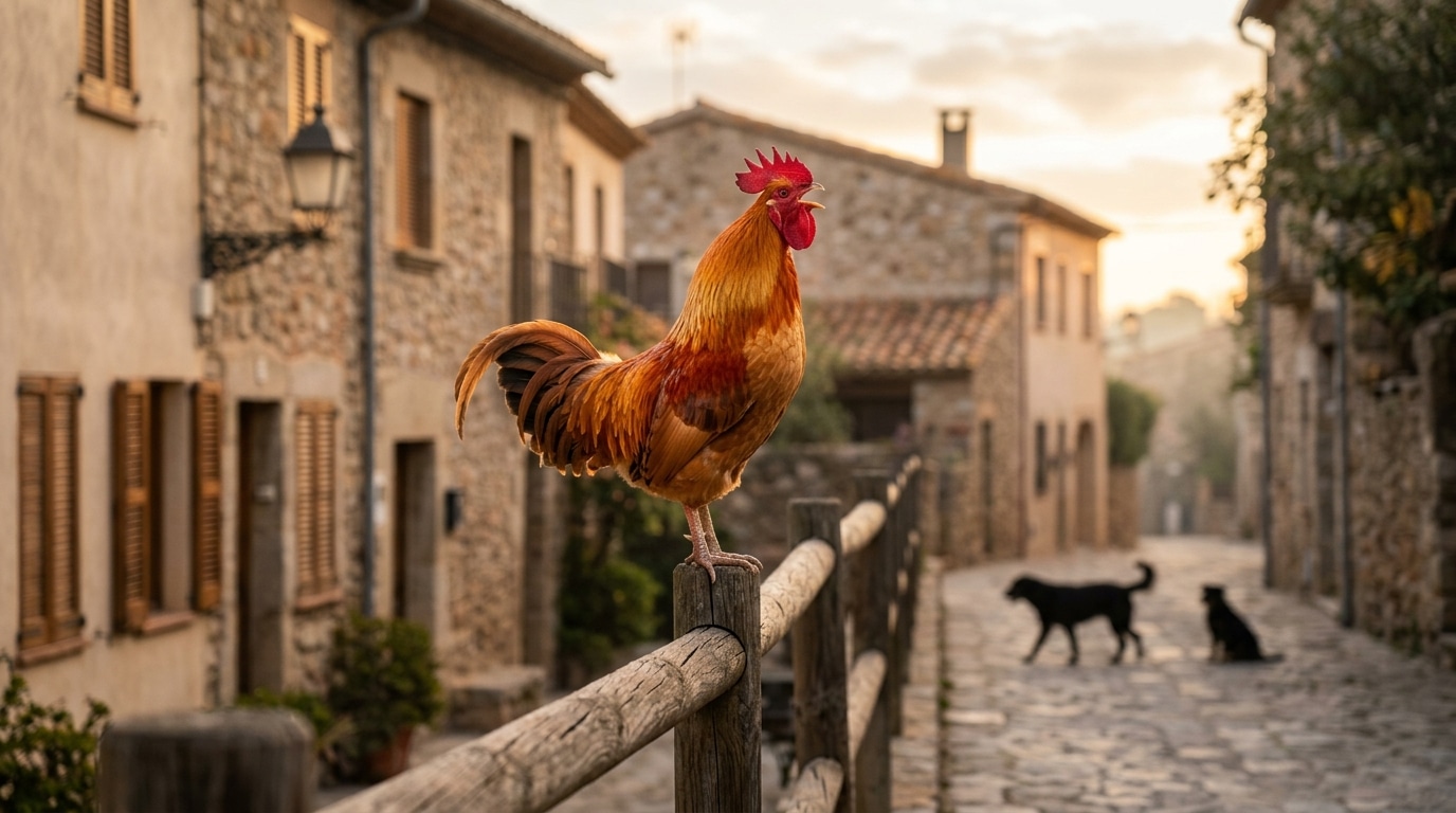Coq qui chante sur une clôture en bois au lever du jour