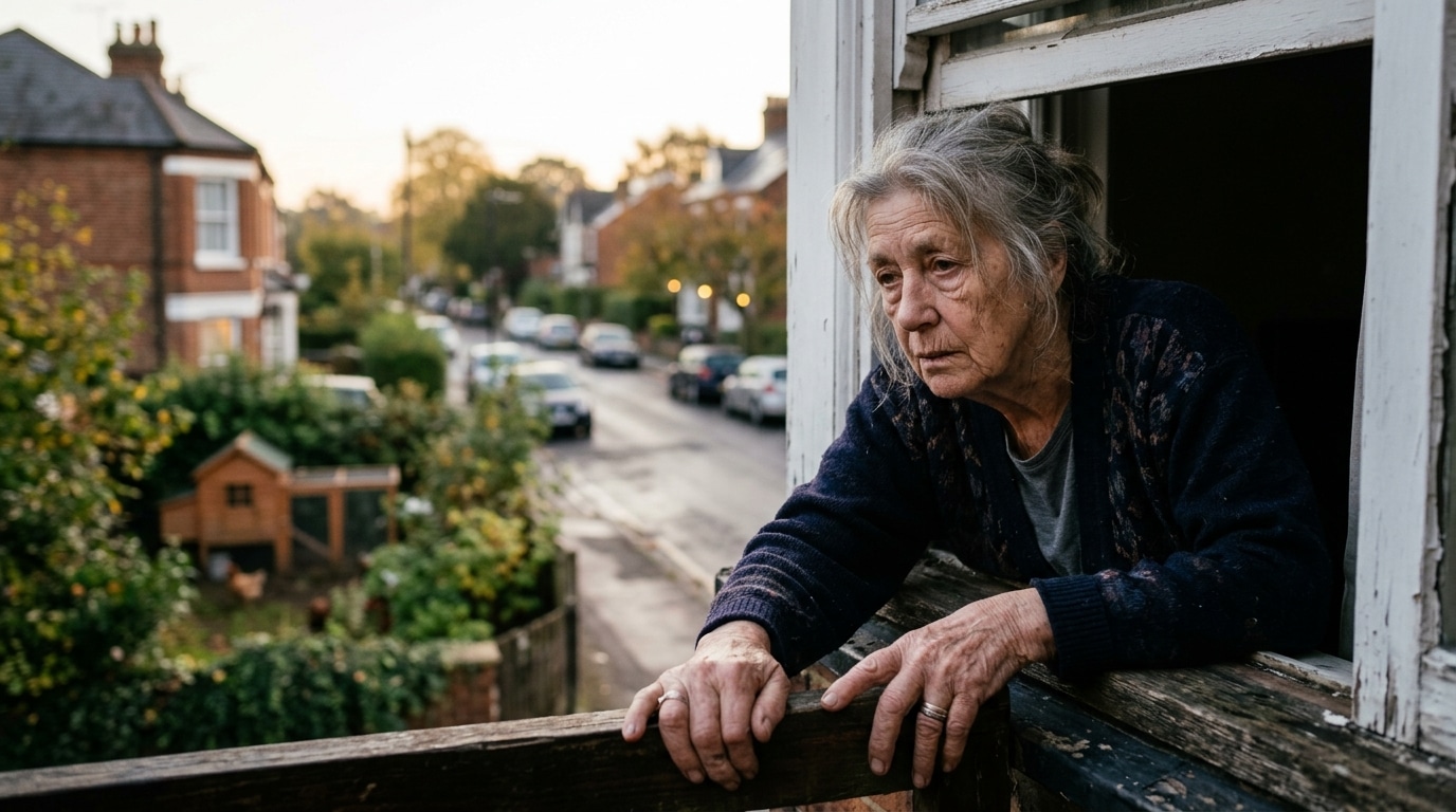 Habitant âgé fatigué à sa fenêtre dans une rue résidentielle