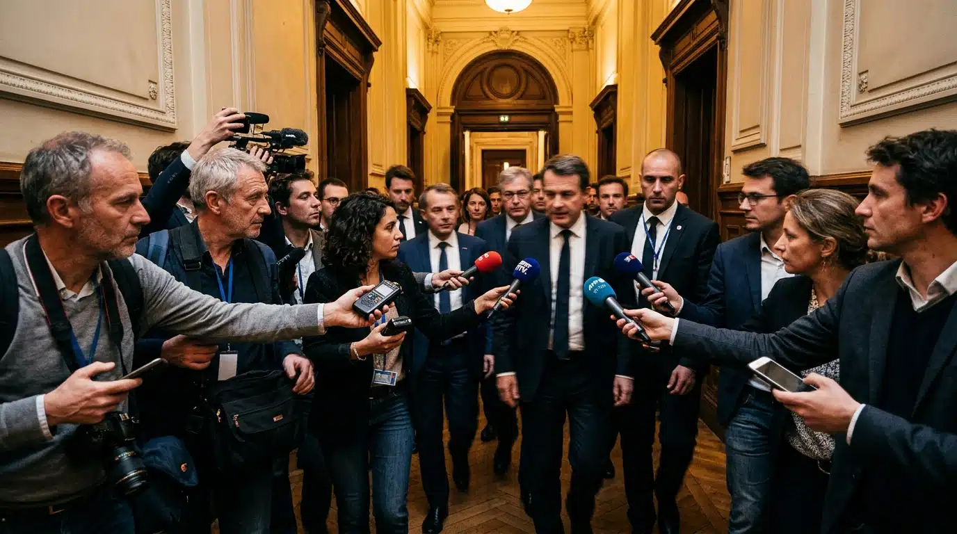 Couloir de l'Assemblée nationale avec journalistes et micros
