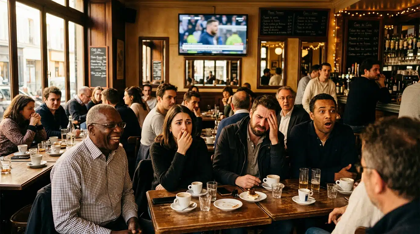 Groupe de personnes réagissant à une émission télévisée dans un café