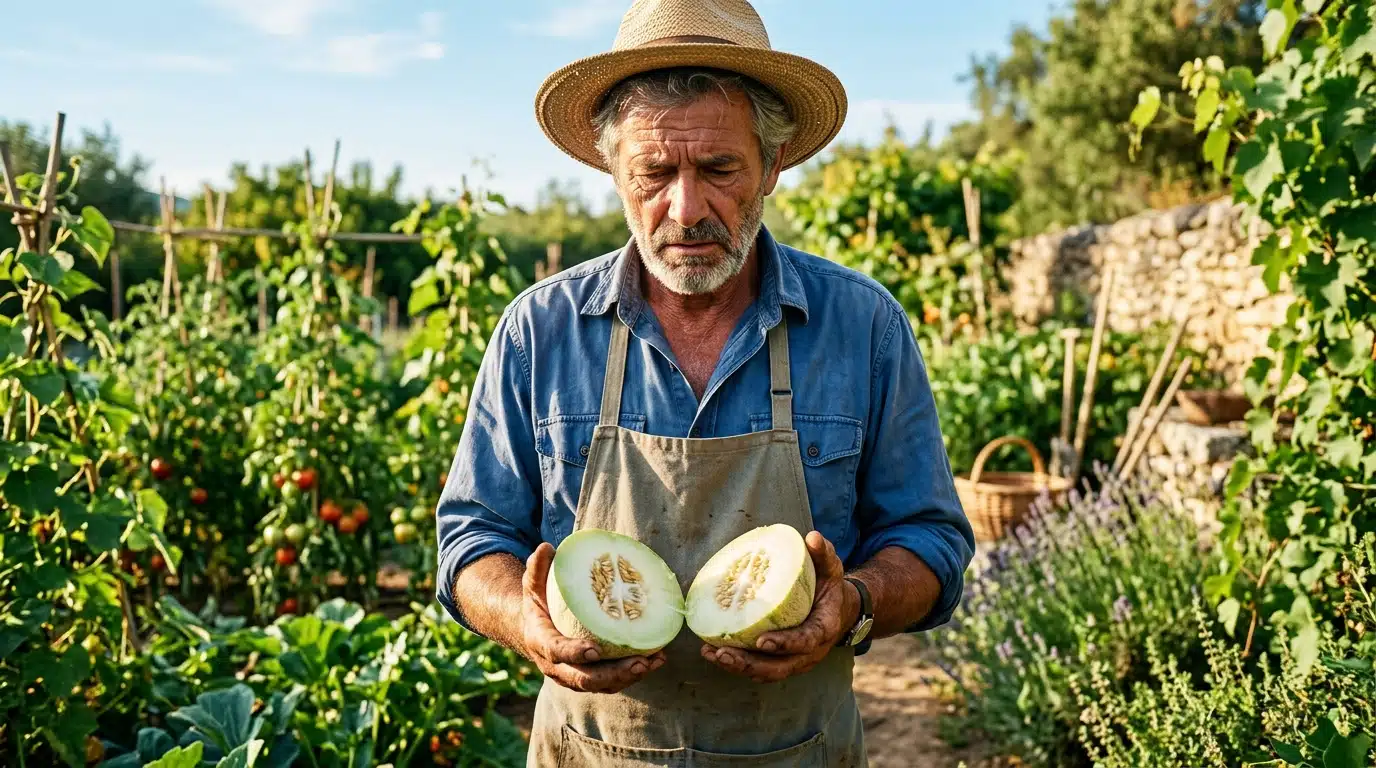 Jardinier déçu par un melon fade et aqueux