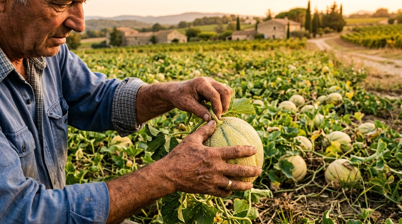 Maraîcher inspectant un champ de melons avant récolte