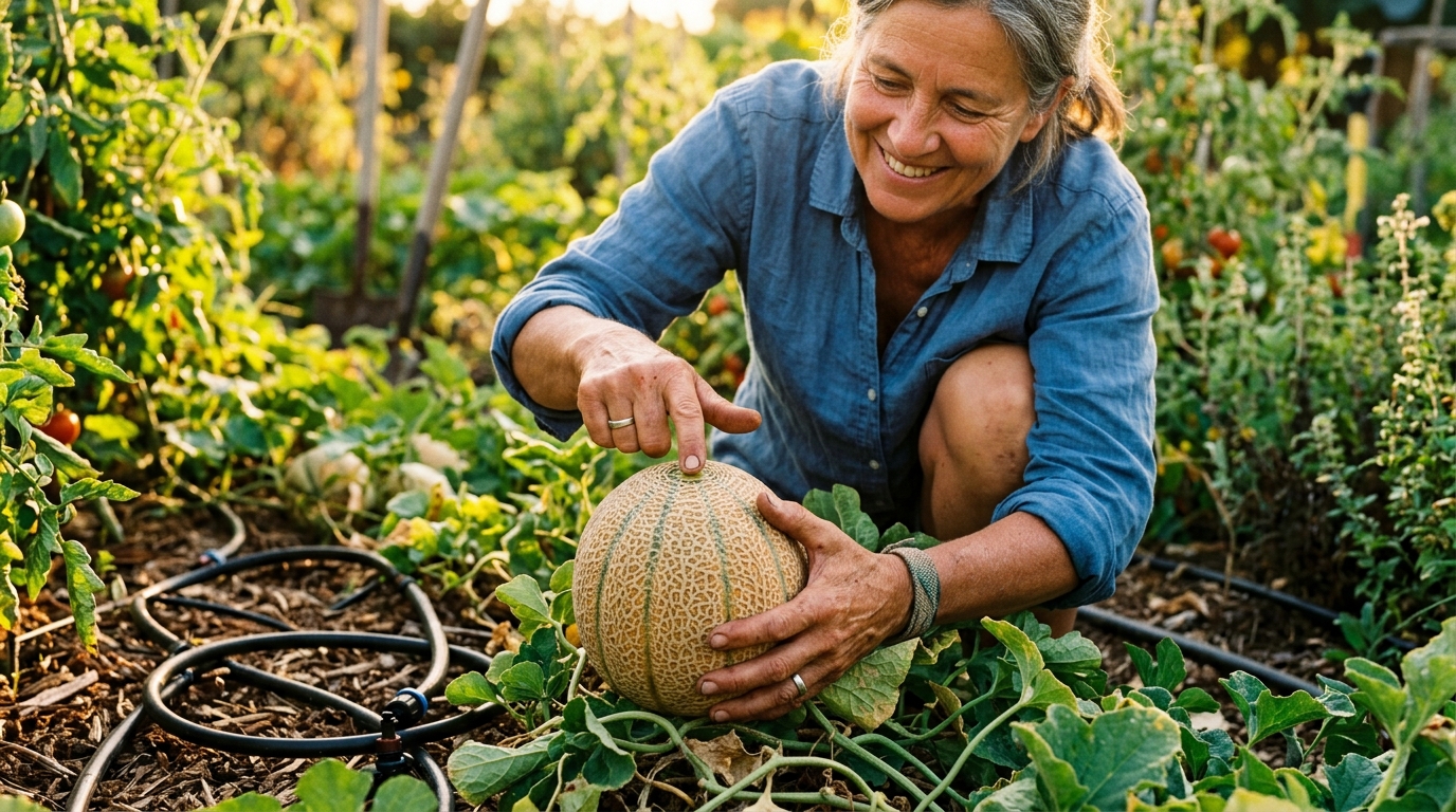 Jardinier tapotant un melon charentais mûr au jardin