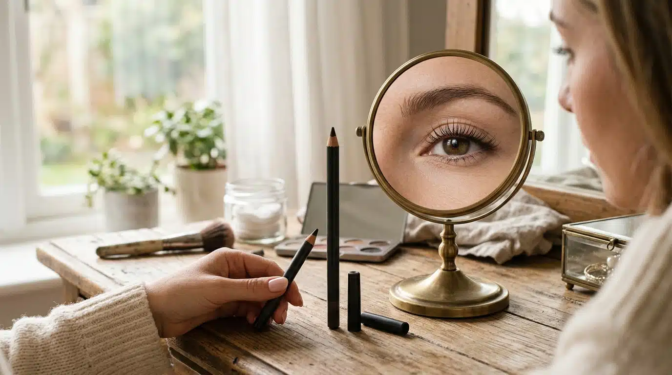 Coiffeuse avec miroir reflétant un œil et cils longs