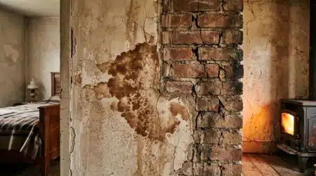 Mur ancien avec une tache brune près d'une cheminée