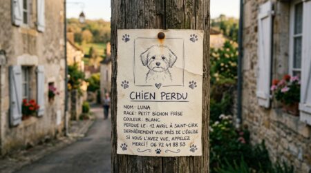 Avis de recherche pour chien perdu épinglé sur un poteau