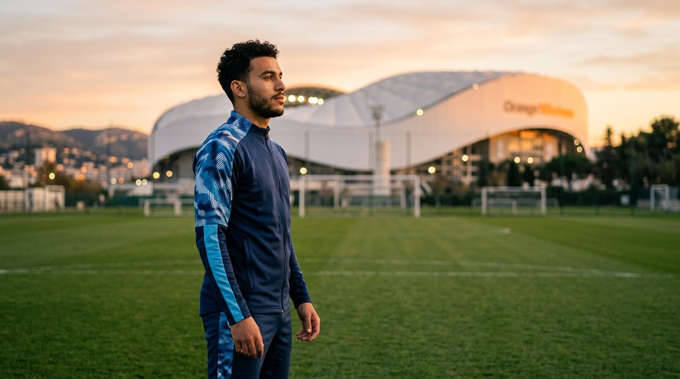 Joueur de football générique sur pelouse au coucher du soleil