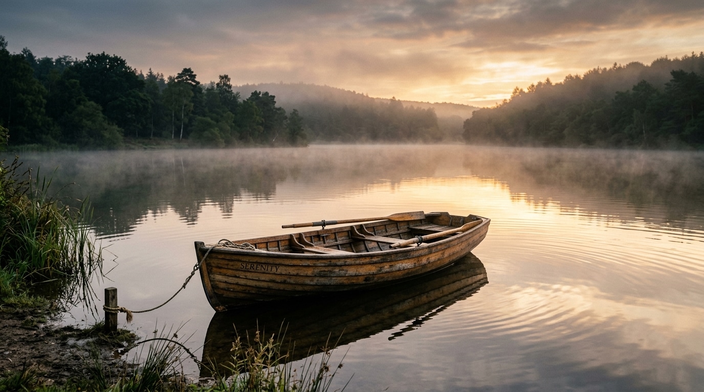 Barque en bois vide sur un lac au crépuscule