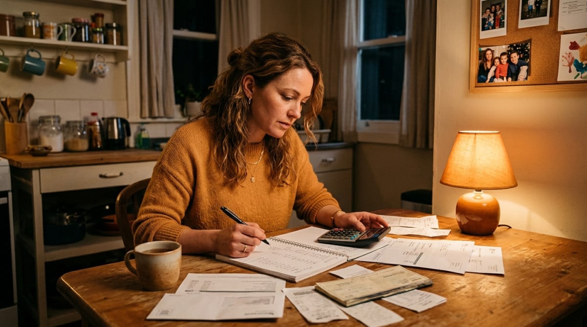 Mère célibataire calculant son budget mensuel à table