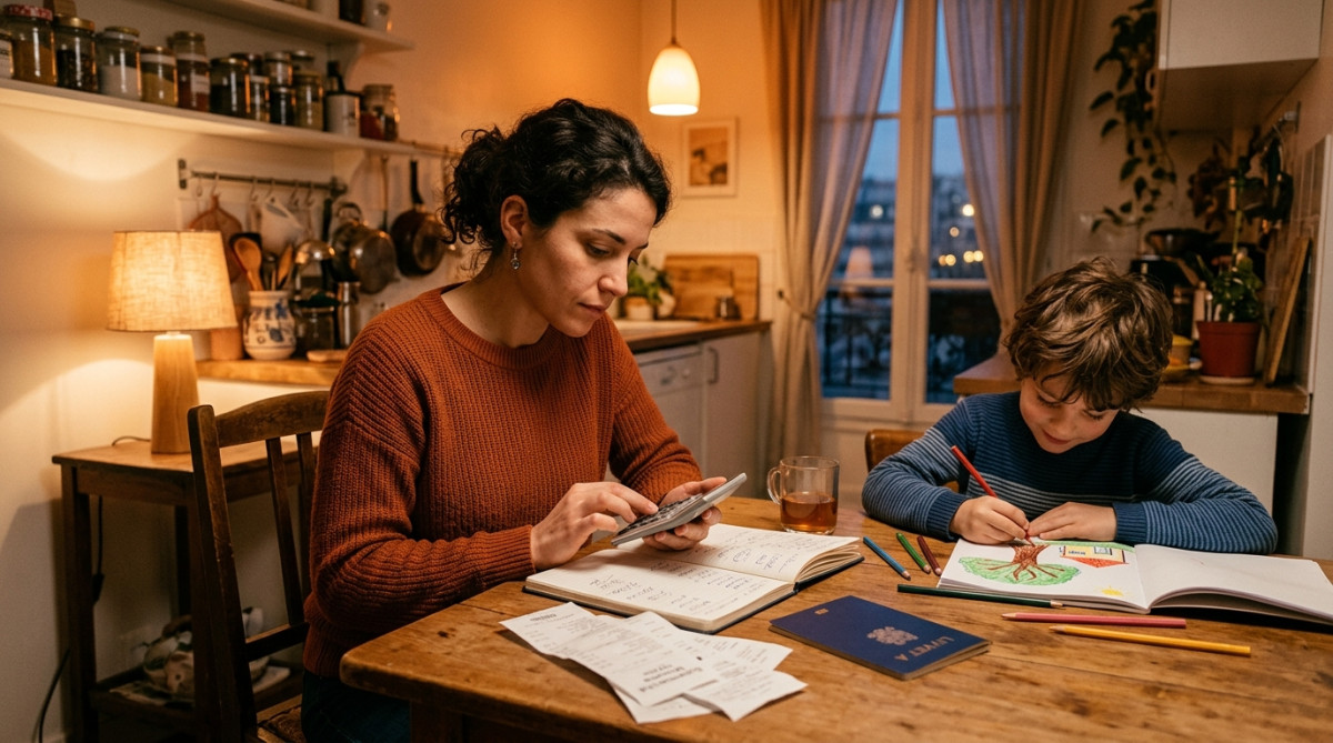 Mère célibataire faisant ses comptes à la table de sa cuisine