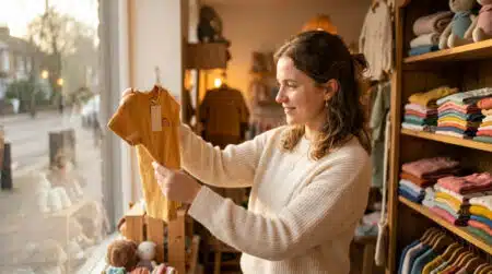 Mère examinant un t-shirt en coton pour enfant