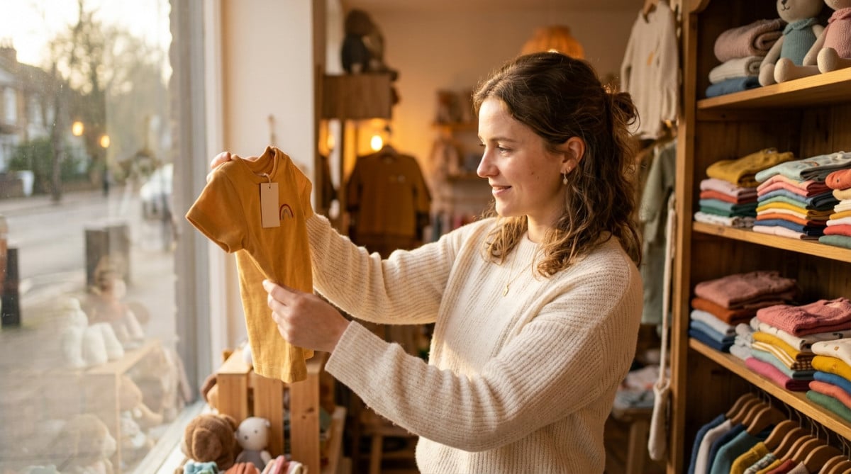 Mère examinant un t-shirt en coton pour enfant