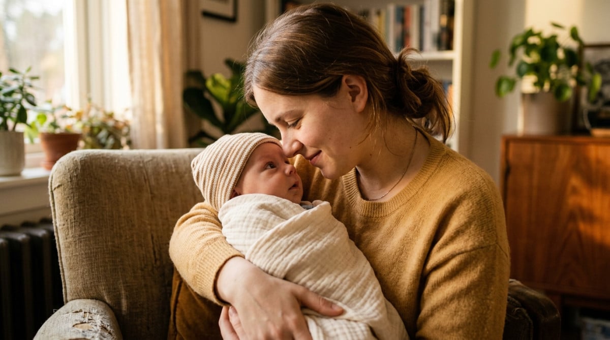 Mère tenant son bébé qui la fixe sans ciller