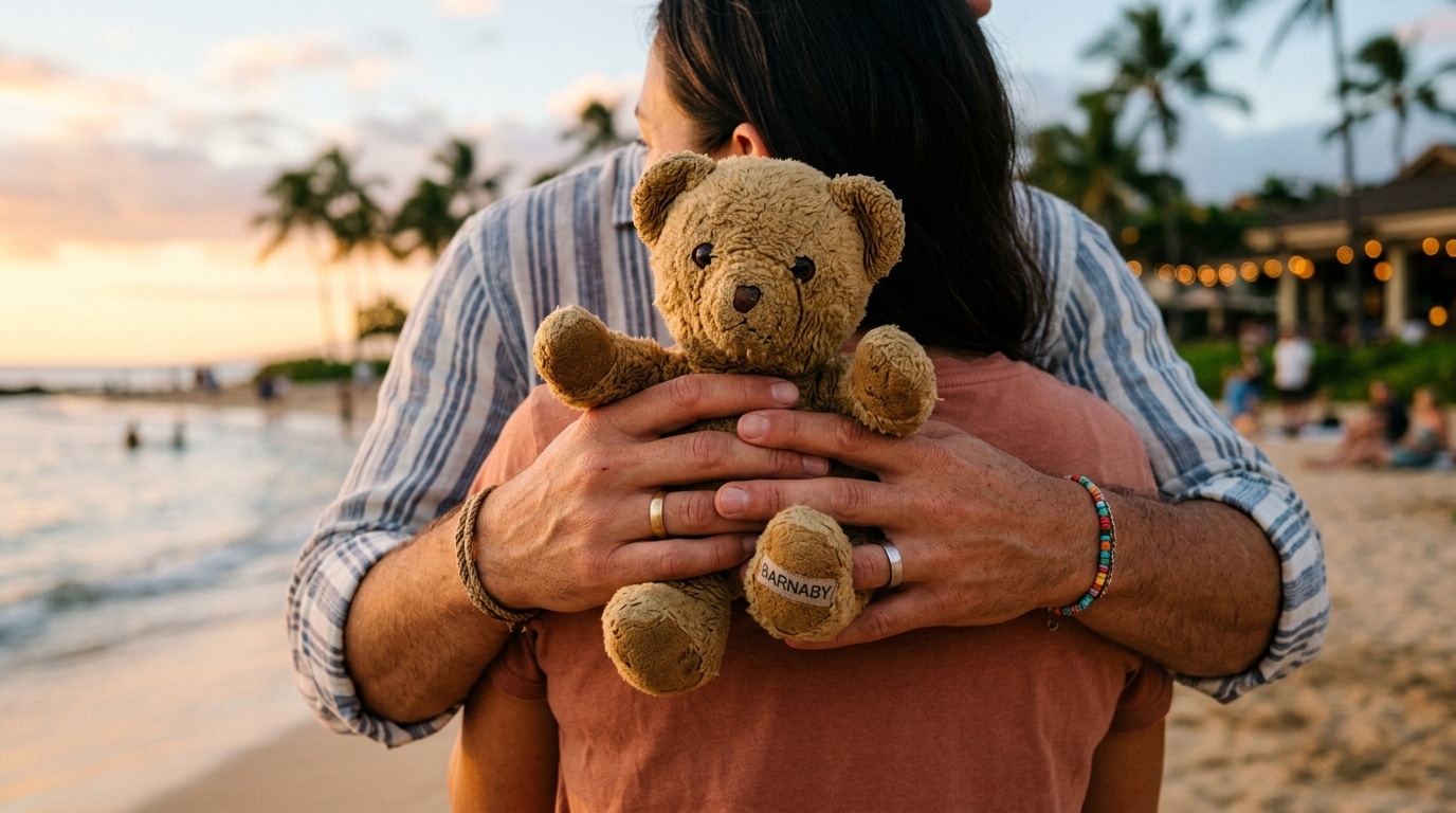 Jeune couple enlacé tendrement avec une peluche