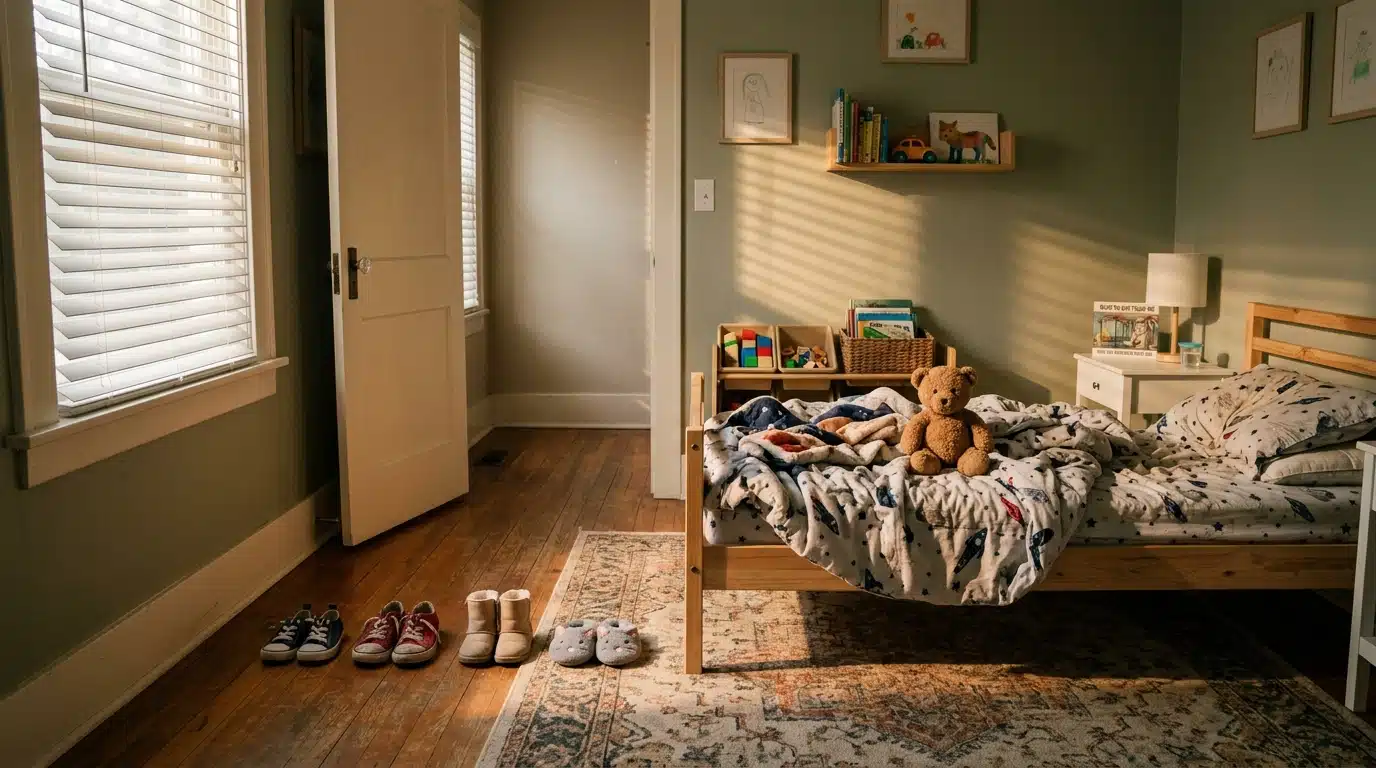 Chambre d'enfant vide avec chaussures alignées près du lit