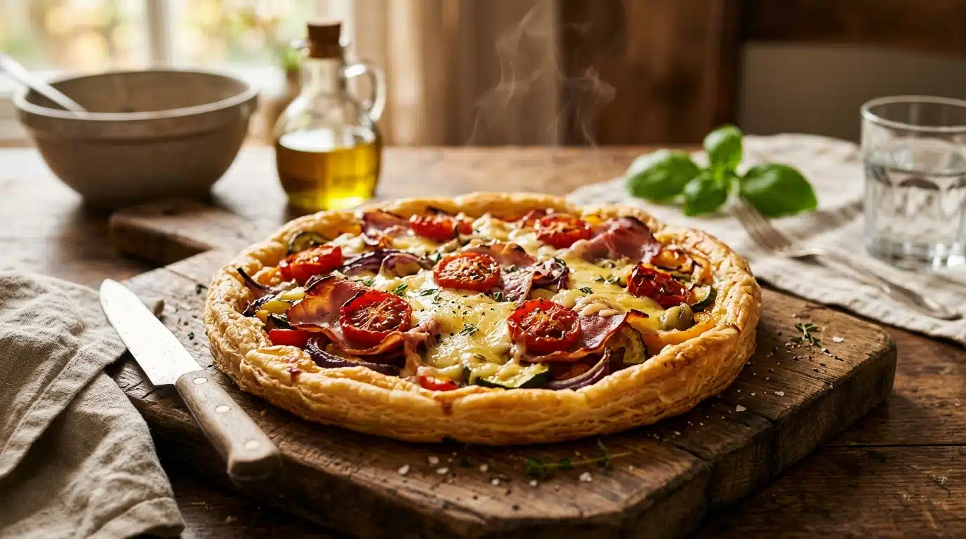 Tarte dorée aux légumes et cancoillotte sur table en bois