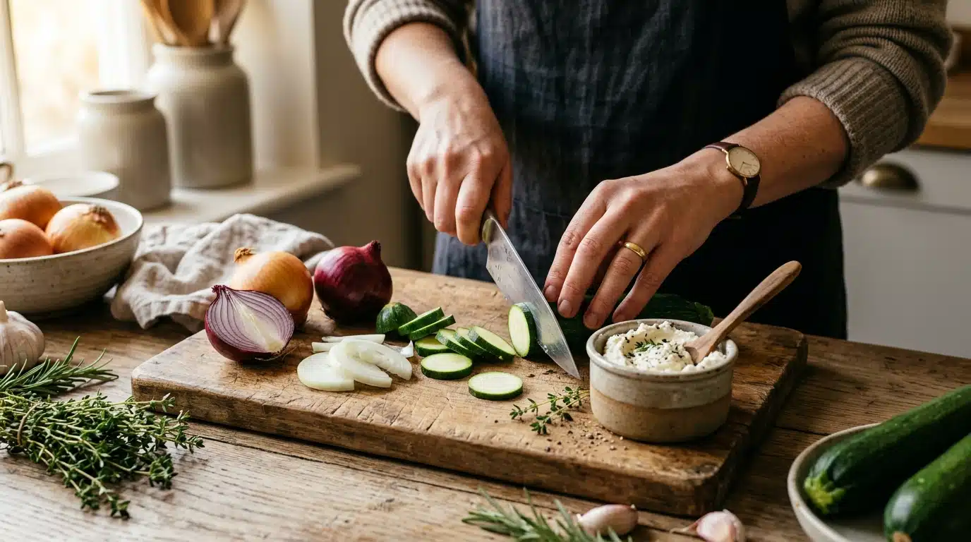 Légumes frais découpés près d'un pot de cancoillotte