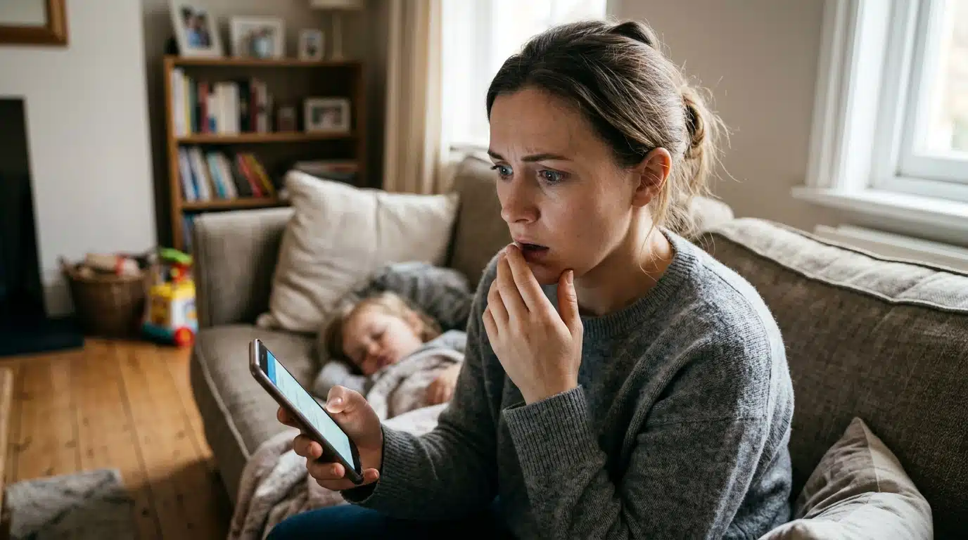 Mère inquiète regardant son smartphone avec appréhension