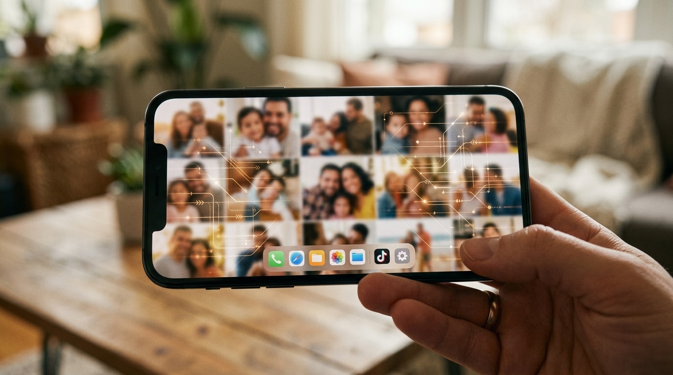 Écran de smartphone affichant une galerie photo floutée