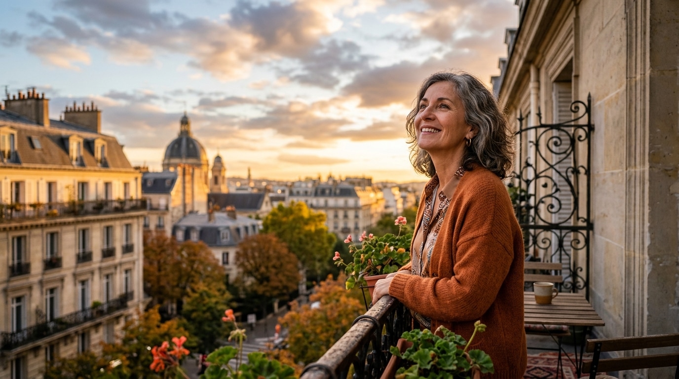 Femme sur son balcon observant le ciel d'automne
