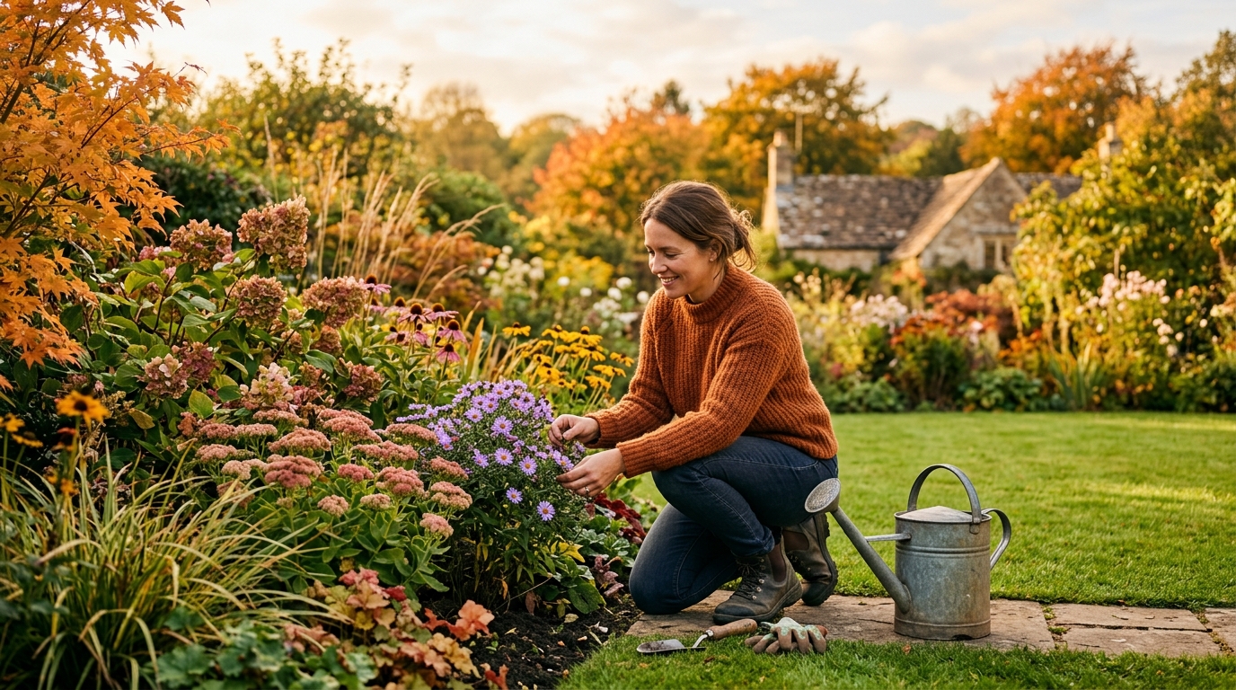 Femme s'occupant de son jardin en automne