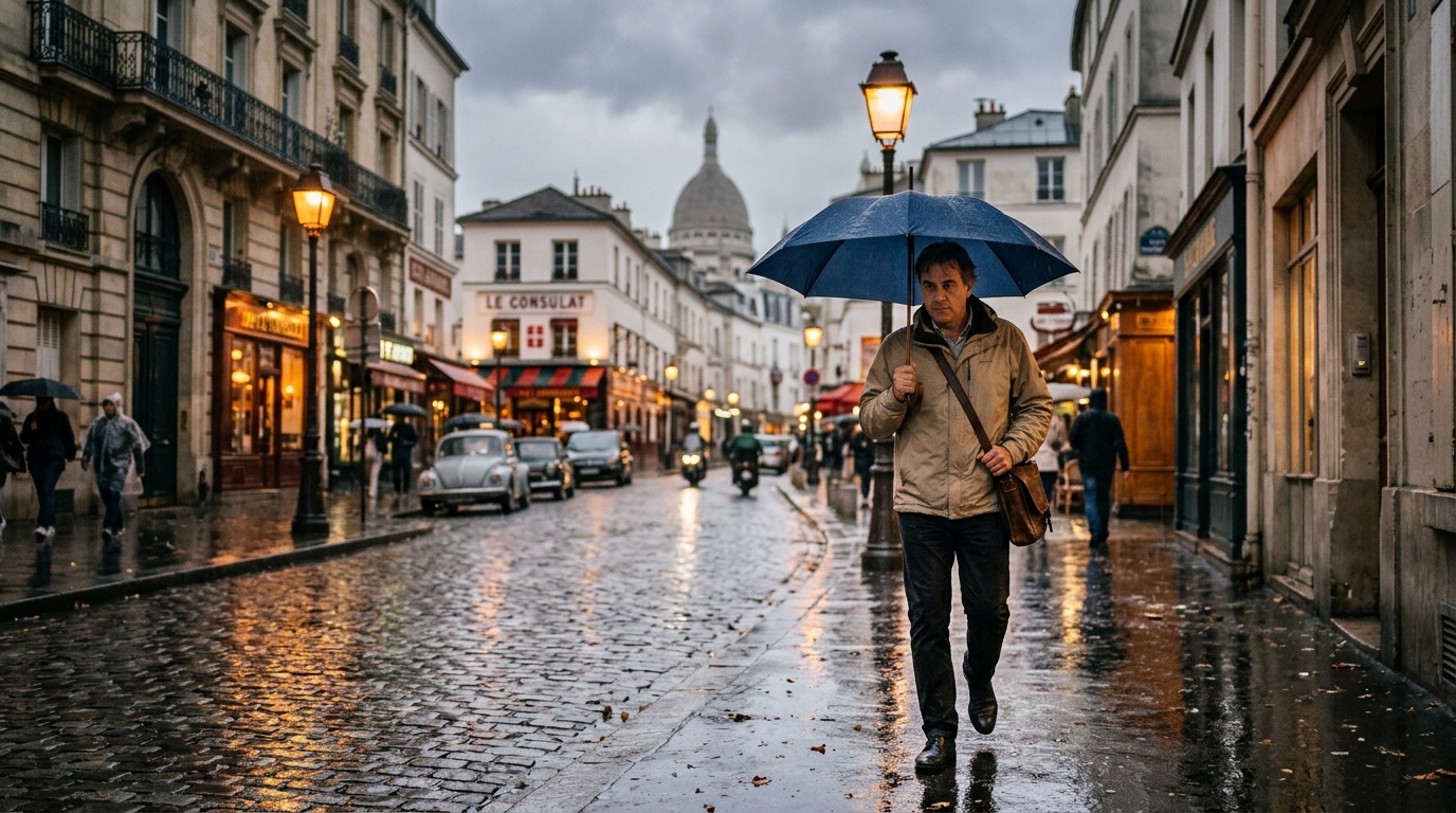 Homme sous la pluie dans une rue parisienne