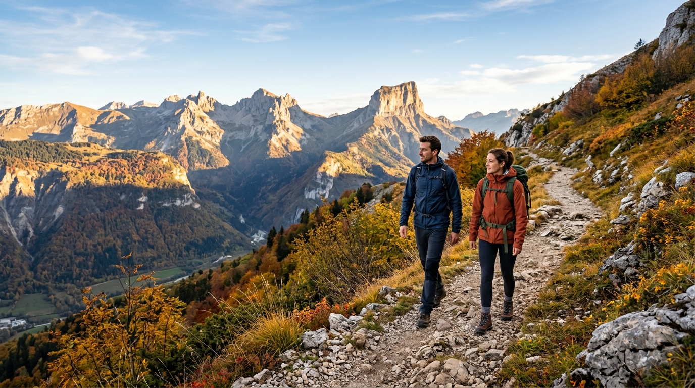 Couple randonnant en montagne près de Grenoble en fraîcheur