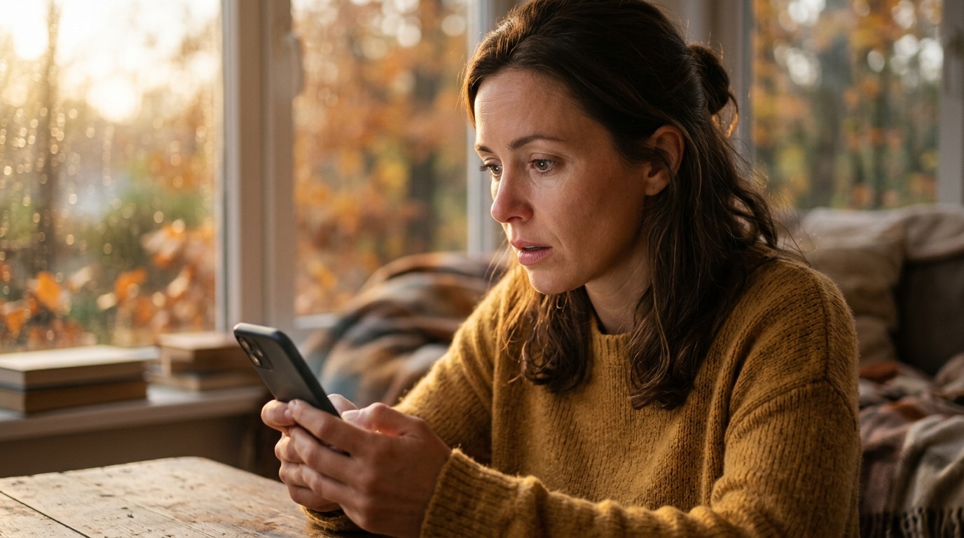 Femme pensive regardant un message reçu le soir