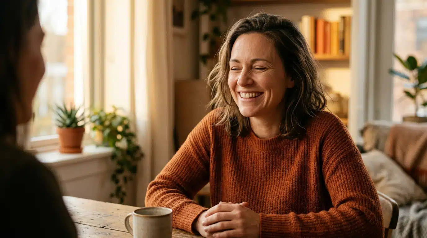 Personne souriante et soulagée dans une lumière dorée