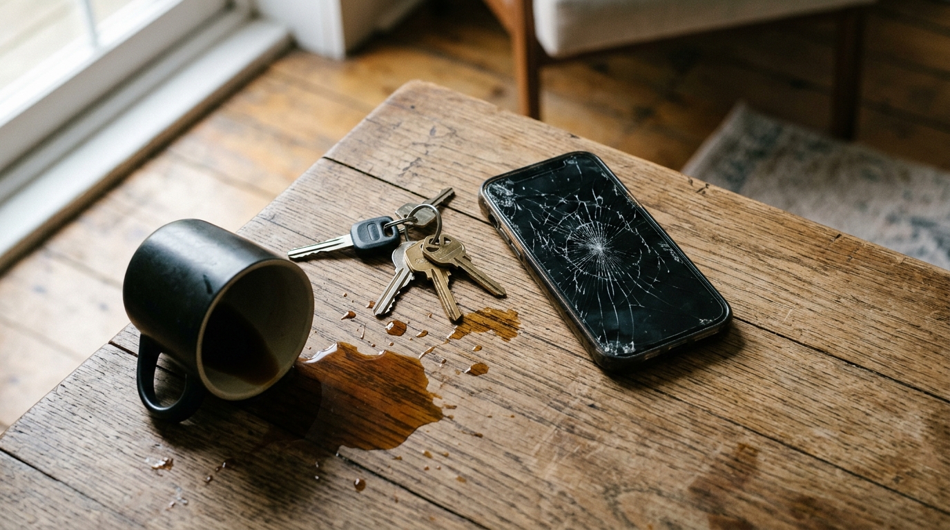 Téléphone cassé au sol près de clés renversées
