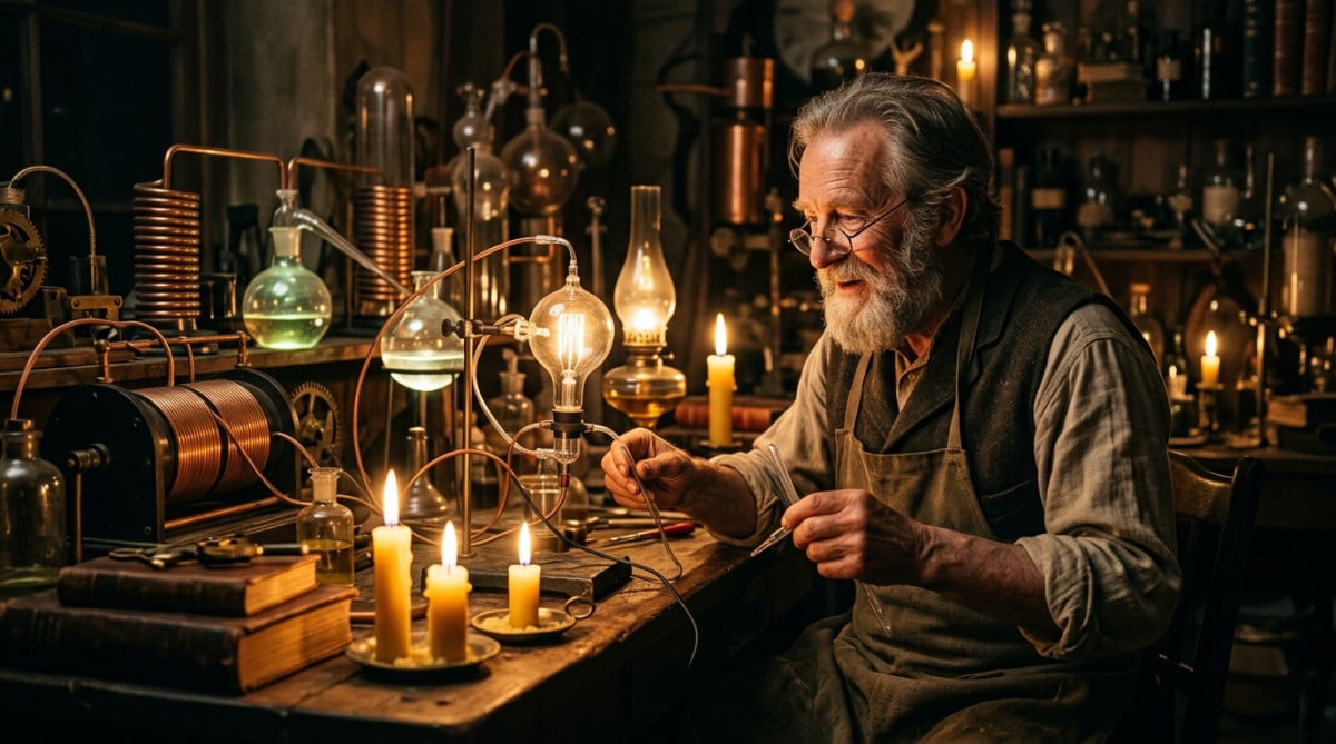 Michael Faraday dans son laboratoire électrique du XIXe siècle