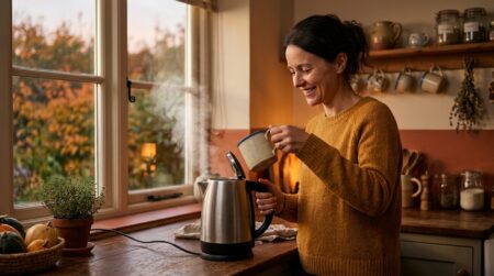 Femme versant juste une tasse d'eau dans une bouilloire