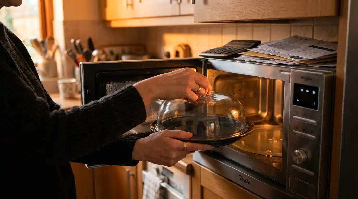Assiette couverte placée dans un micro-ondes avec facture en fond