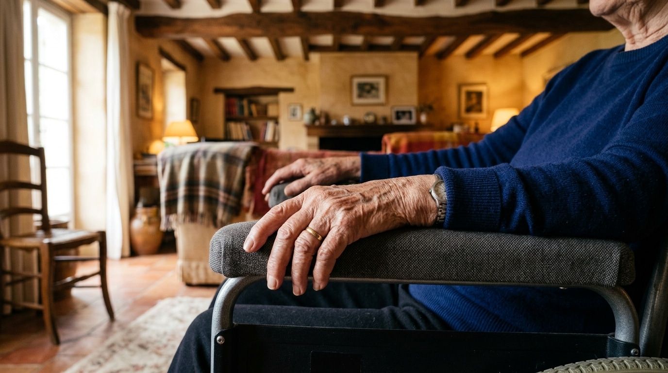 Mains posées sur les accoudoirs d'un fauteuil roulant