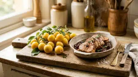 Filet mignon aux mirabelles fraîches sur planche en bois