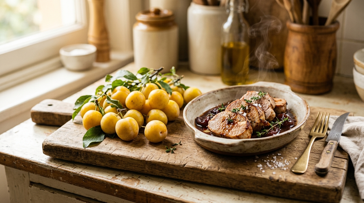 Filet mignon aux mirabelles fraîches sur planche en bois