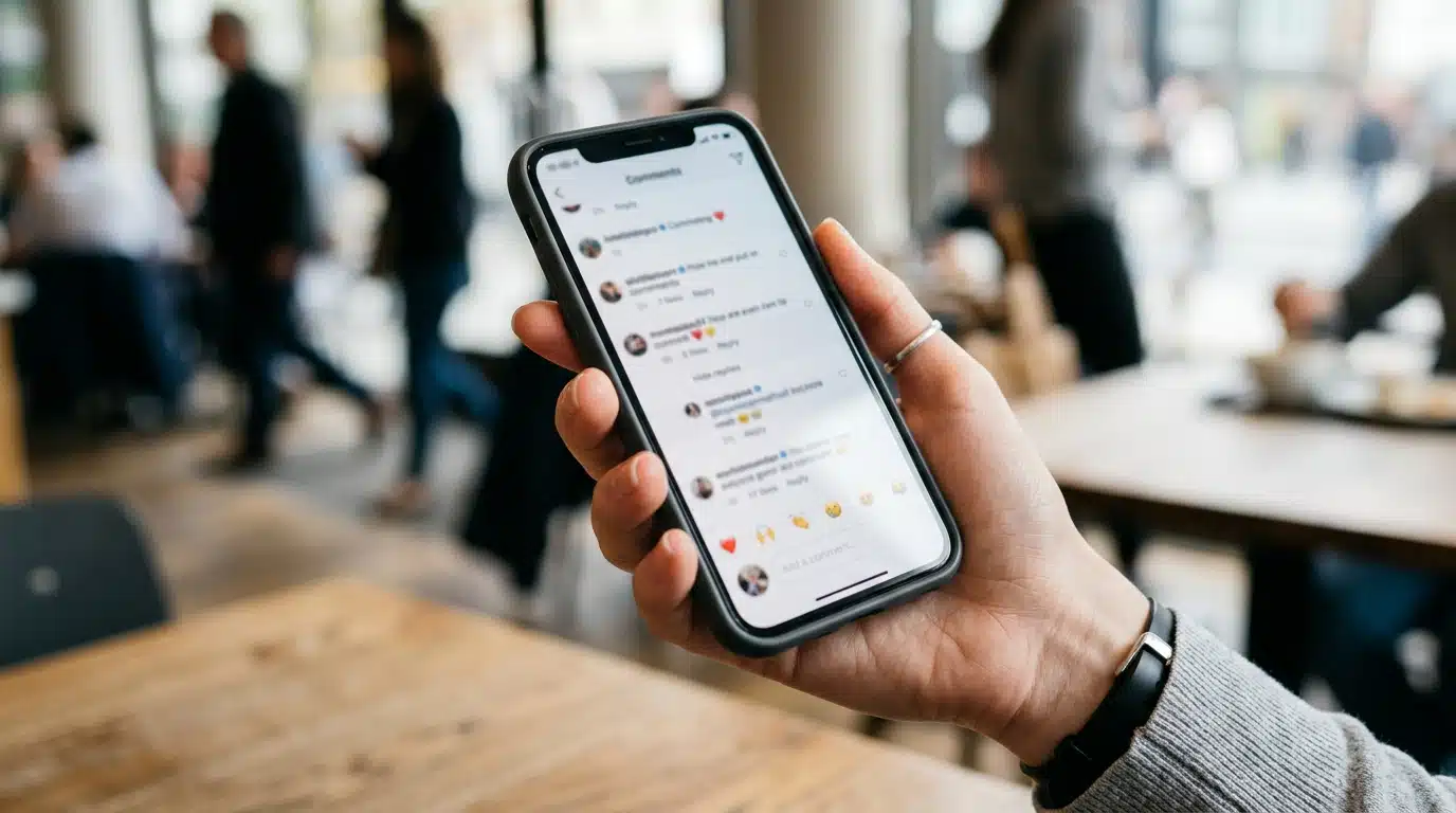 Main tenant un smartphone avec fil de commentaires flou