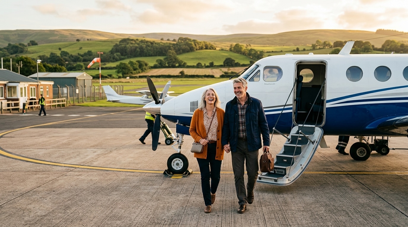 Couple débarquant d'un avion à l'aéroport de Saint-Jacques-de-Compostelle