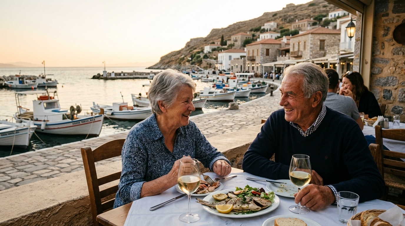 Couple de retraités dégustant des fruits de mer dans un village de pêcheurs