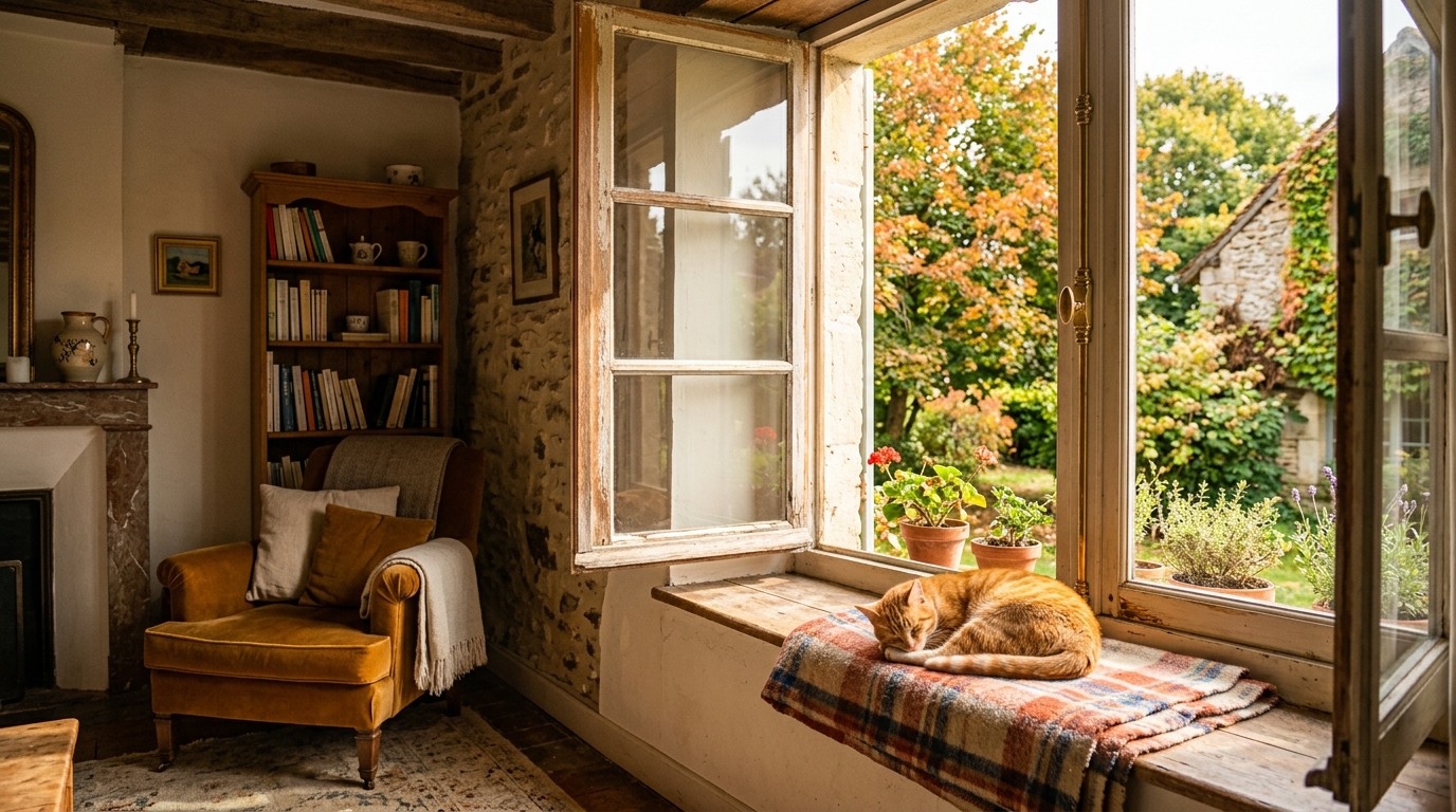 Chat roux endormi sur un rebord de fenêtre ensoleillé