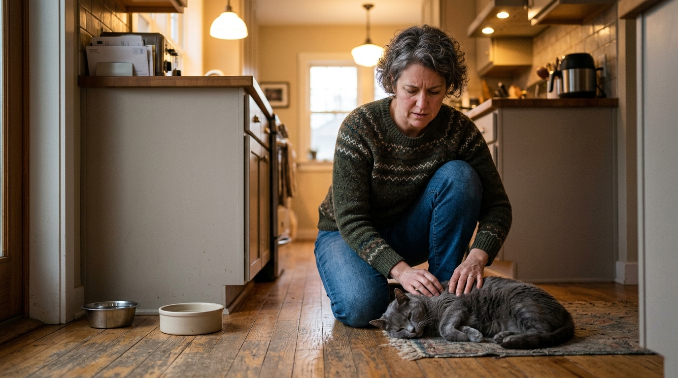 Femme inquiète surveillant son chat près de sa gamelle