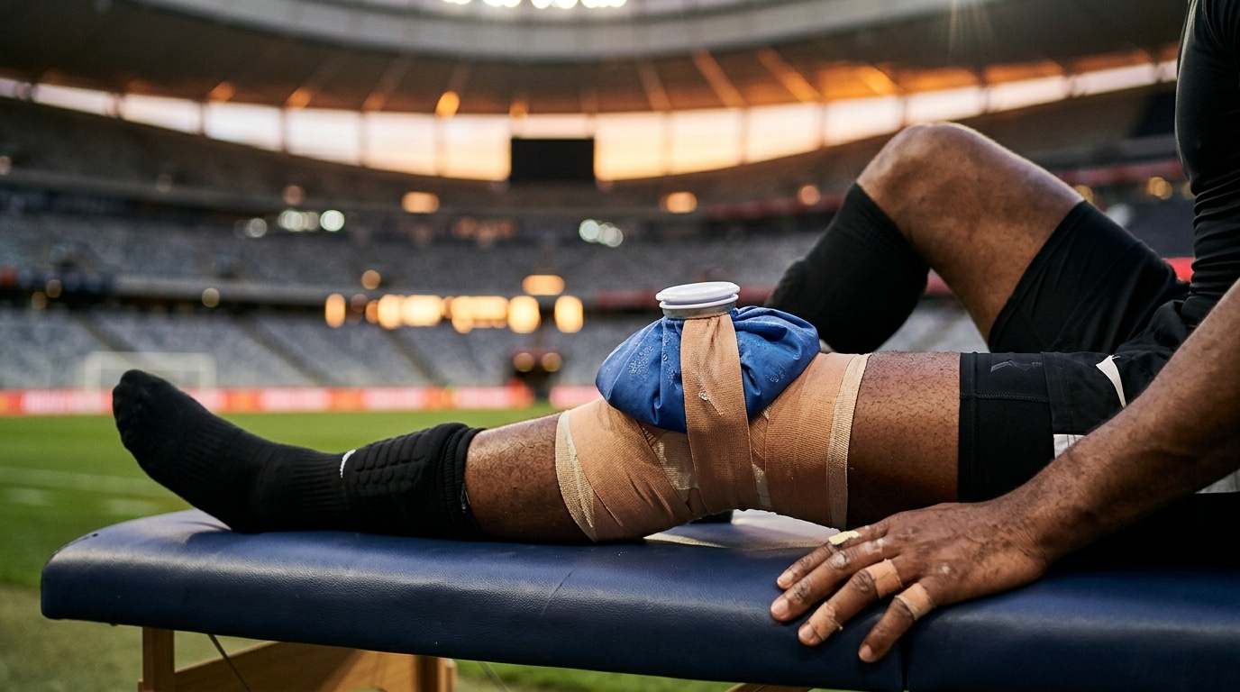 Genou bandé sur table de kinésithérapie sous lumière de stade