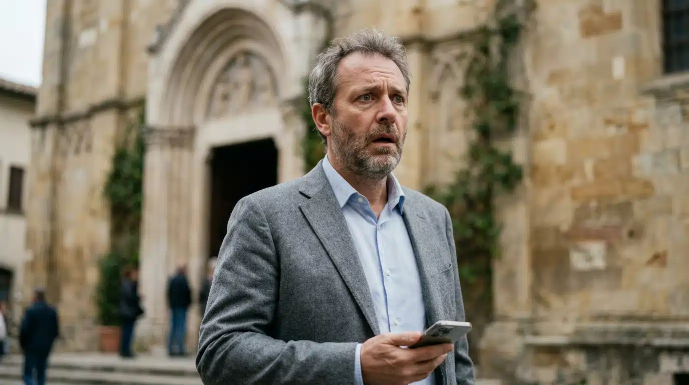 Homme choqué recevant un appel devant une église