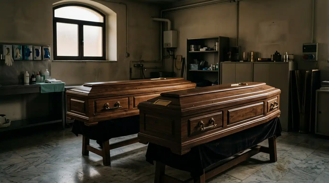 Deux cercueils identiques dans une morgue