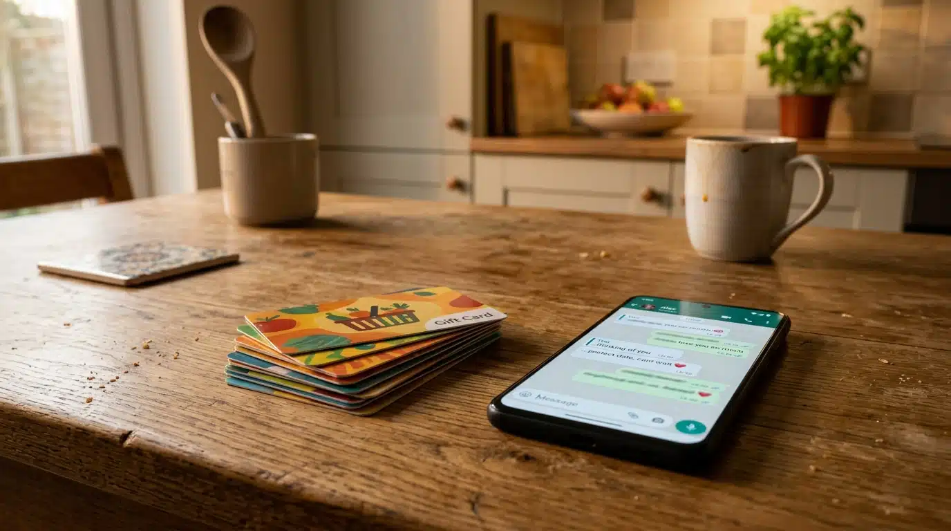 Cartes cadeaux et téléphone sur une table