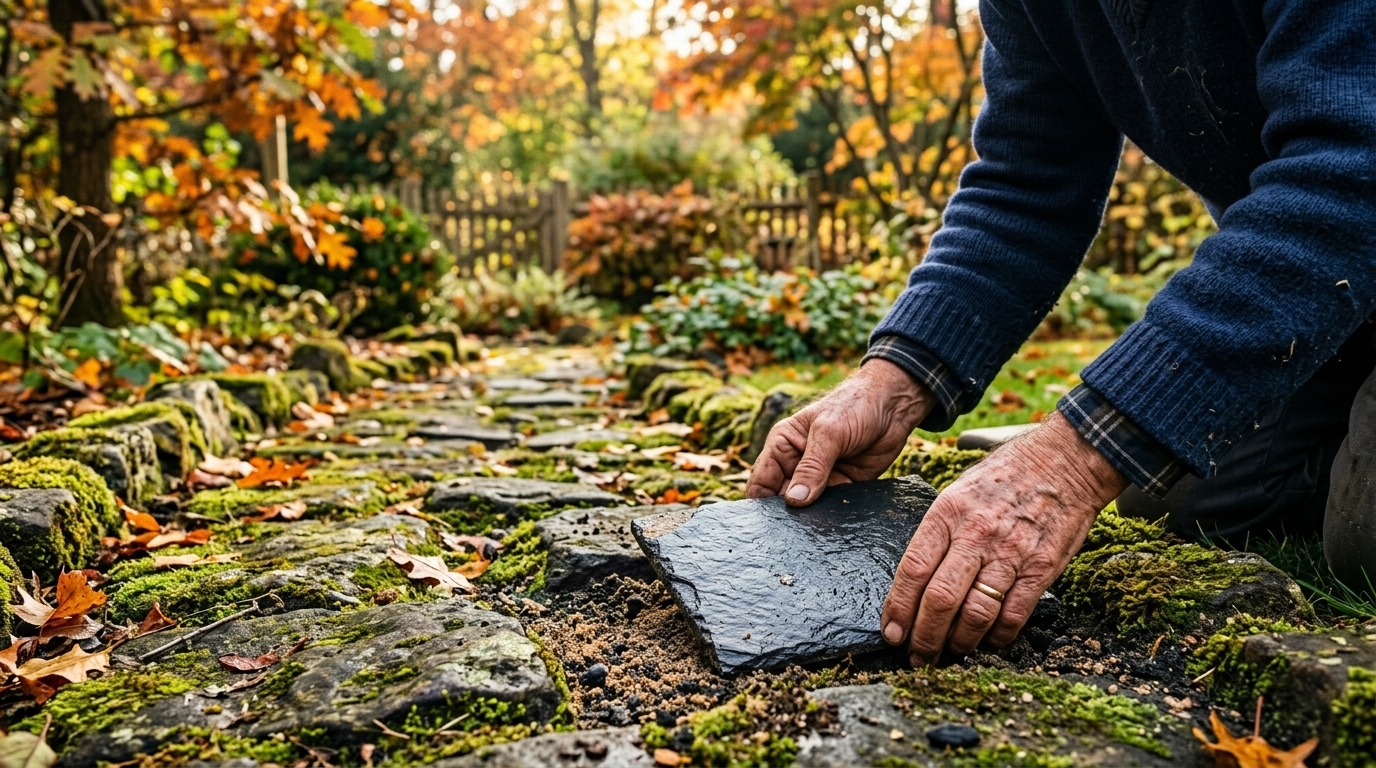 Plaque d'ardoise posée sur mousse d'une allée