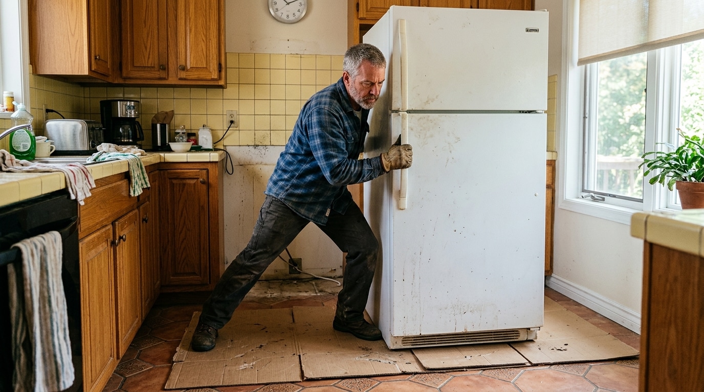 Homme tirant son réfrigérateur du mur pour l'entretien