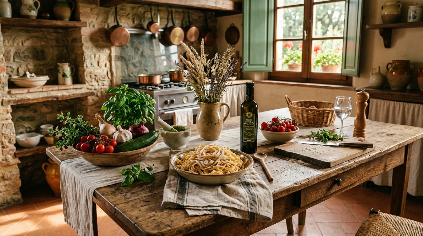Cuisine italienne ensoleillée avec pâtes fraîches et huile d'olive