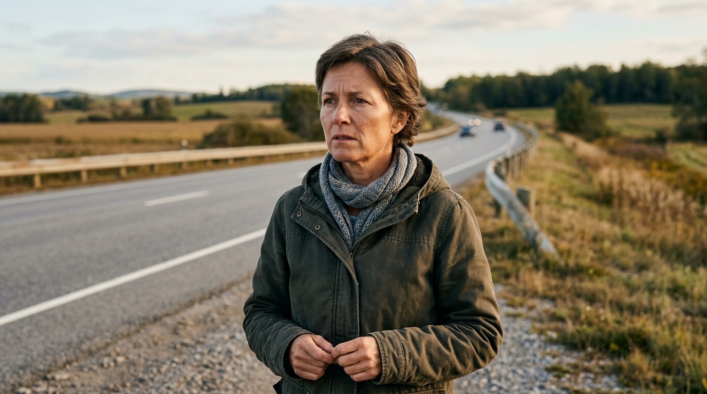 Femme anonyme au regard inquiet près d'une route