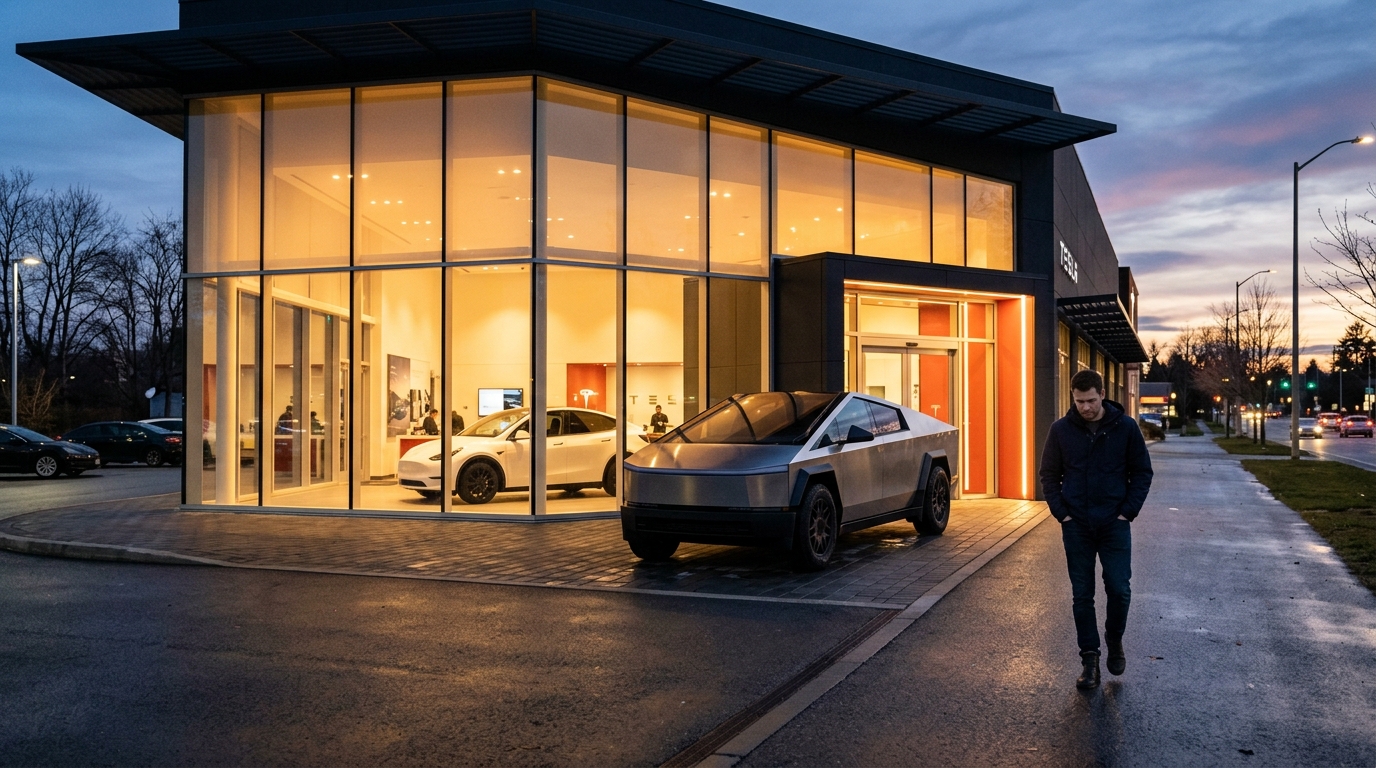 Concession Tesla avec Cybertruck garé devant la vitrine